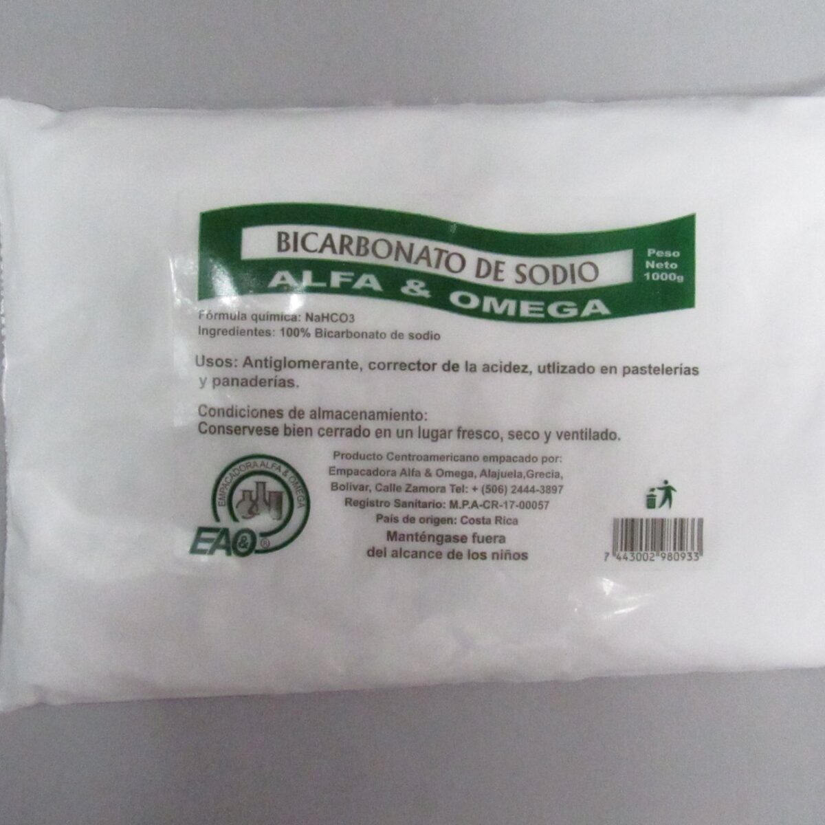 Bicarbonato de Sodio Paquete Individual de 500g