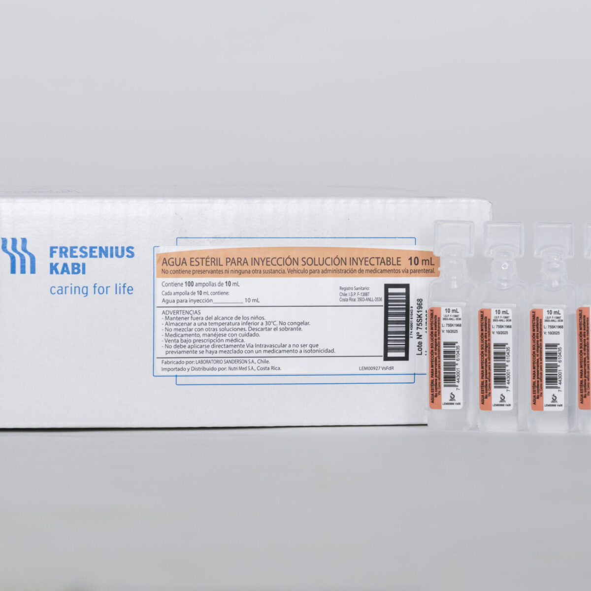 Agua estéril para inyectables Sln iny Ampo Apiroflex x 10 ml caja x 100 amp.