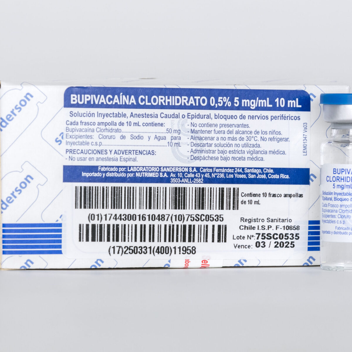 Bupivacaína clorhidrato 0.5% sin preservantes. Sln iny fco amp x 10 ml caja x 10