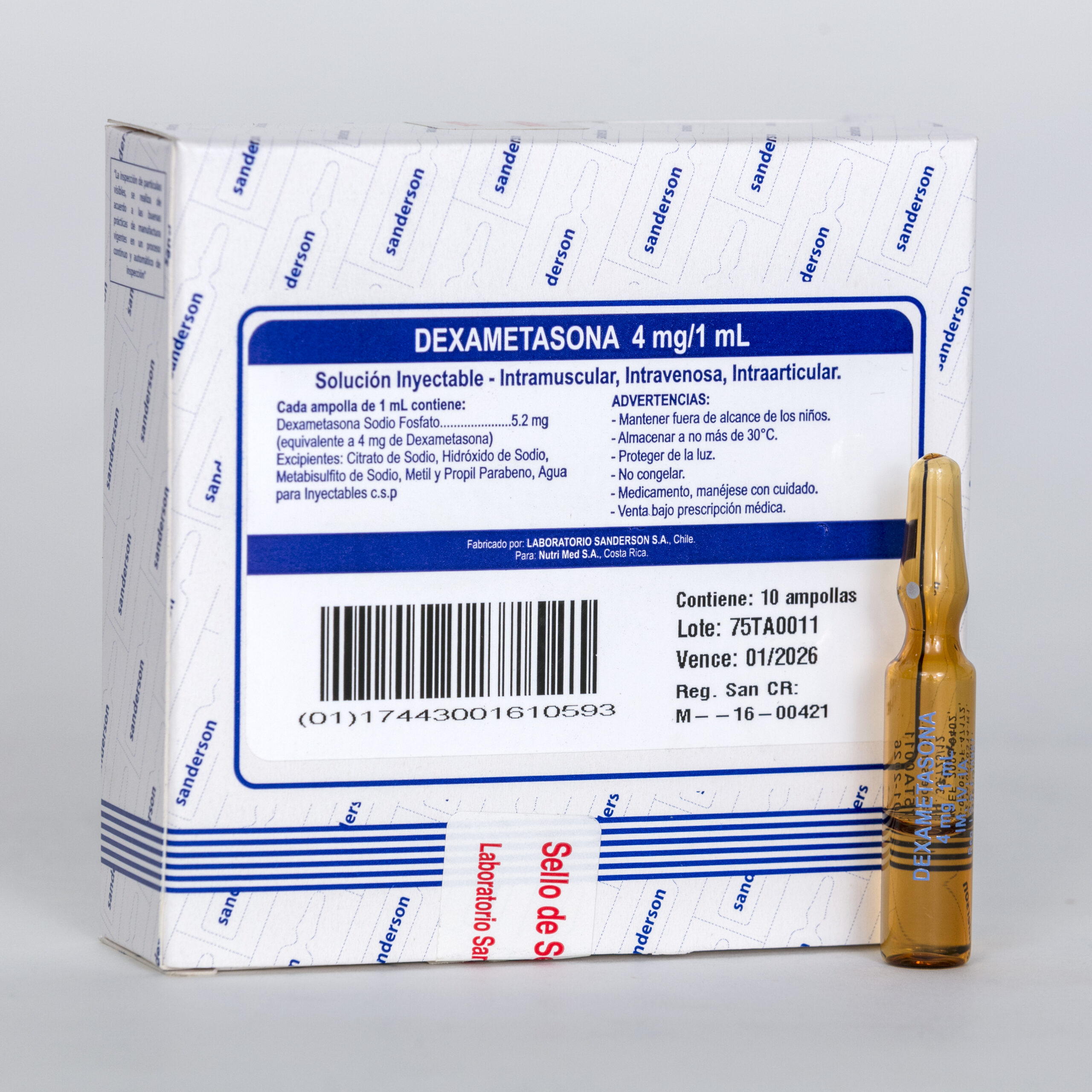 Dexametasona 4 mg/ mL. Sln iny amp x 1 ml caja x 100