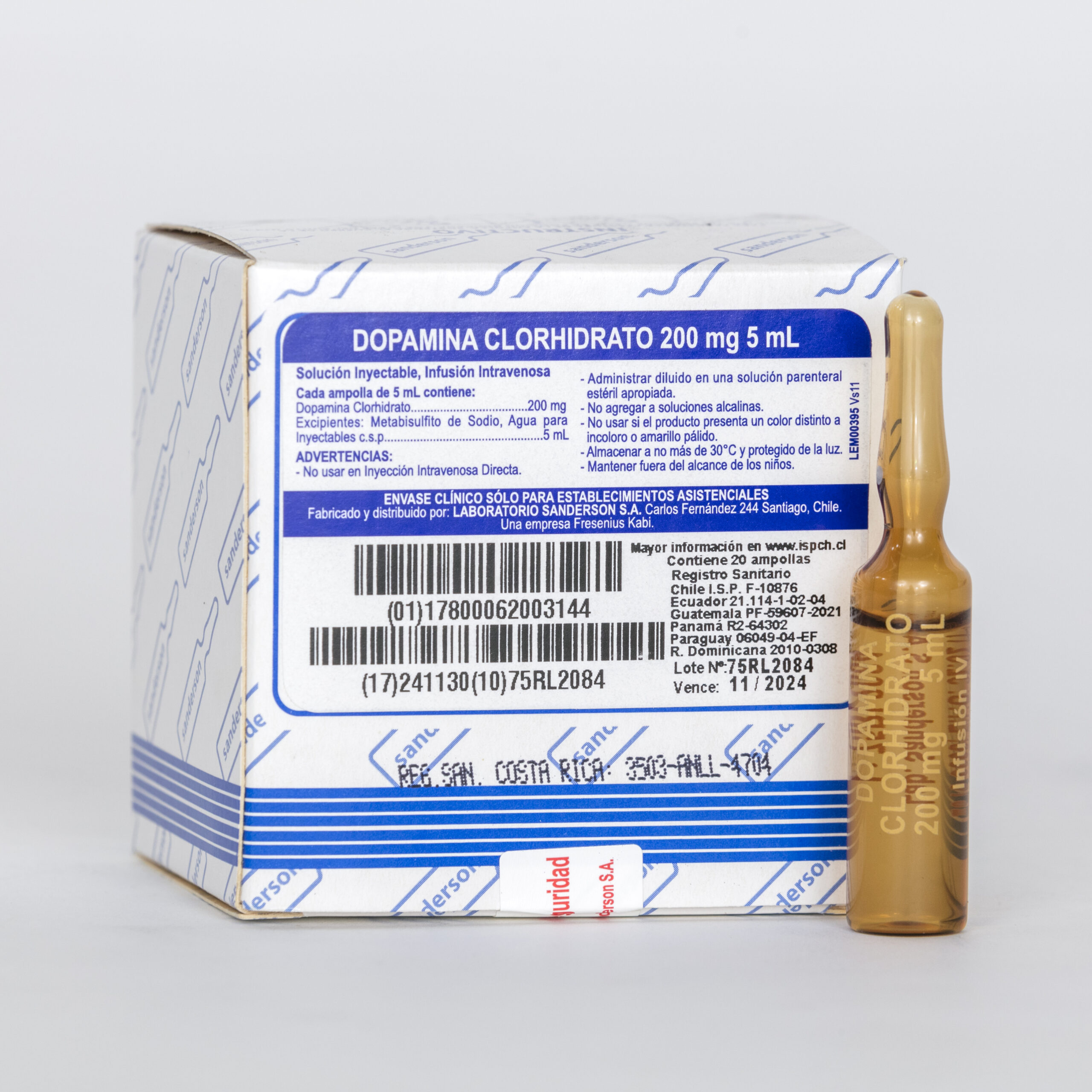 Dopamina clorh. 200 mg/5mL Conc p inf, Sln iny amp x 5 ml caja x 20