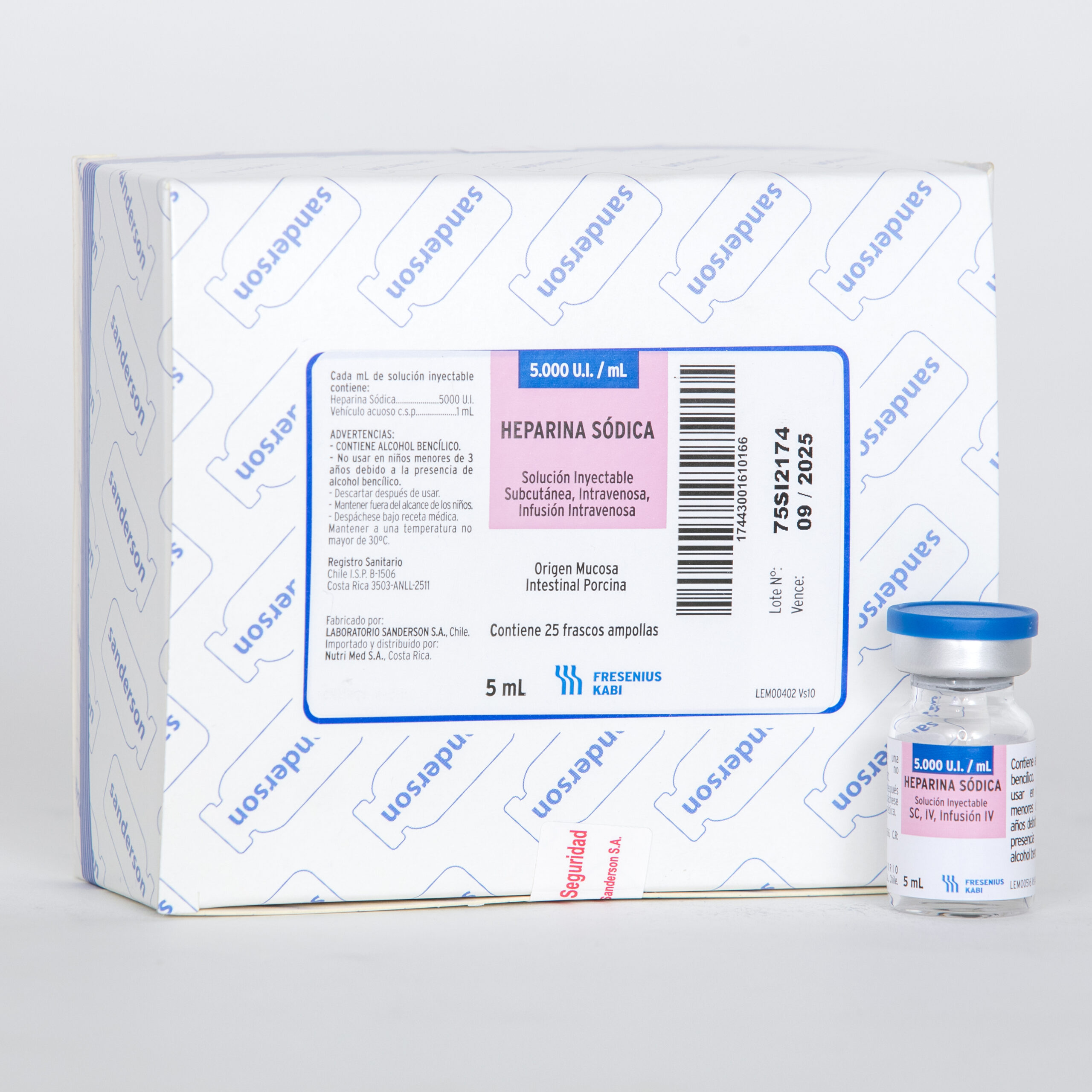 Heparina sódica 5000 UI/ mL. Sln iny fco amp x 5 ml caja x 25