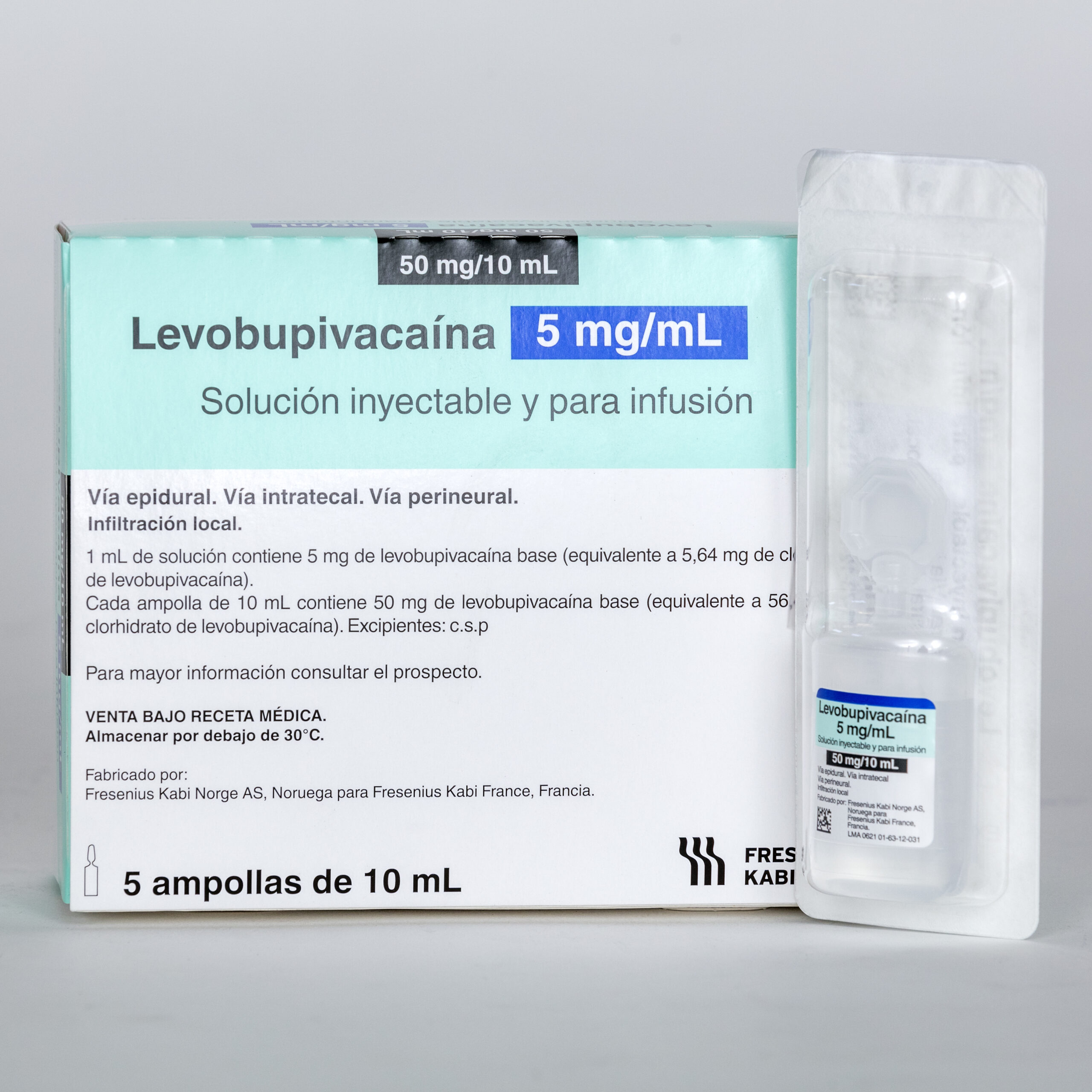 Levobupivacaína 5mg/ mL. Sln iny amp x 10 ml caja x 5