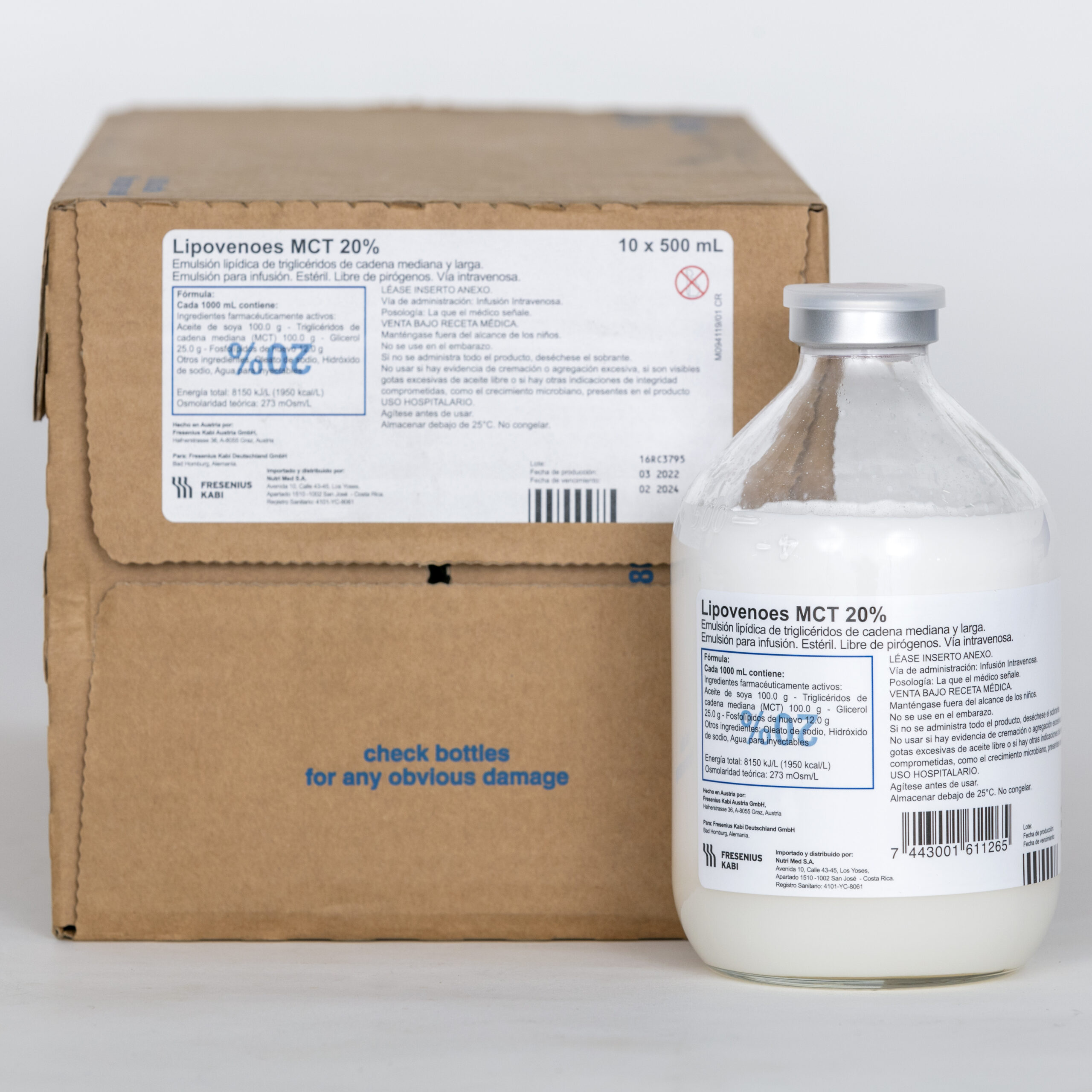 Lipovenoes MCT 20%. Emulsión de lípidos infusión. Fco x 500 ml, caja x 10 fco