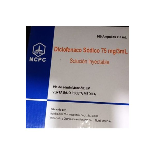 Diclofenaco sódico 75 mg/ 3 mL. Sln iny, amp x 3 ml, caja x 100