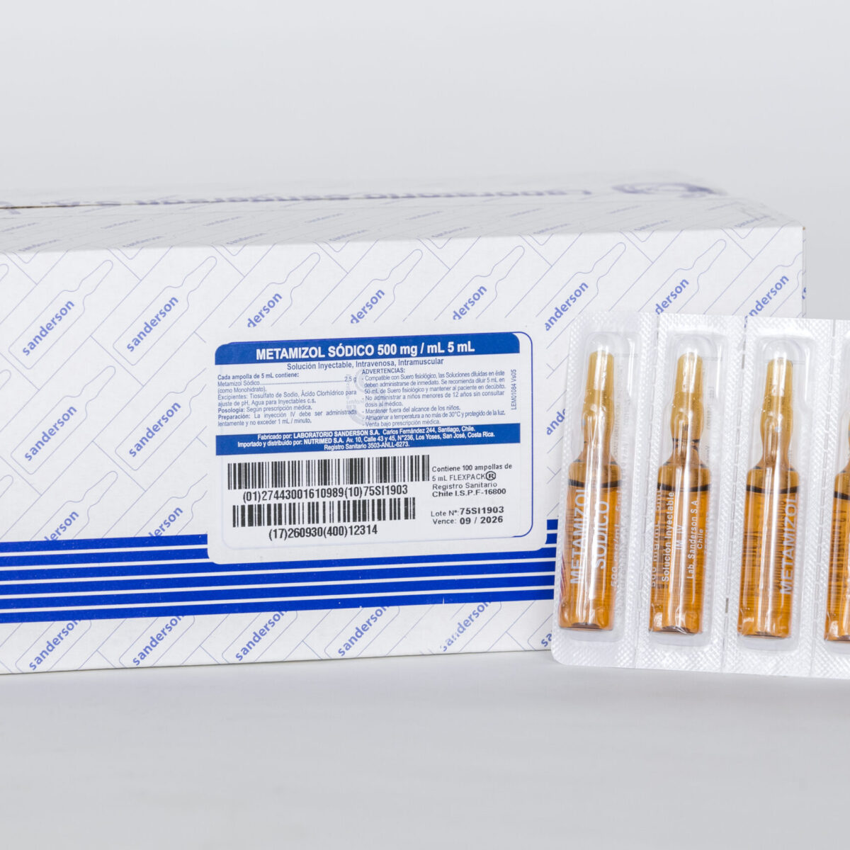 Metamizol sódico 500 mg / mL. Sln iny amp x 5 ml caja x 100 amp