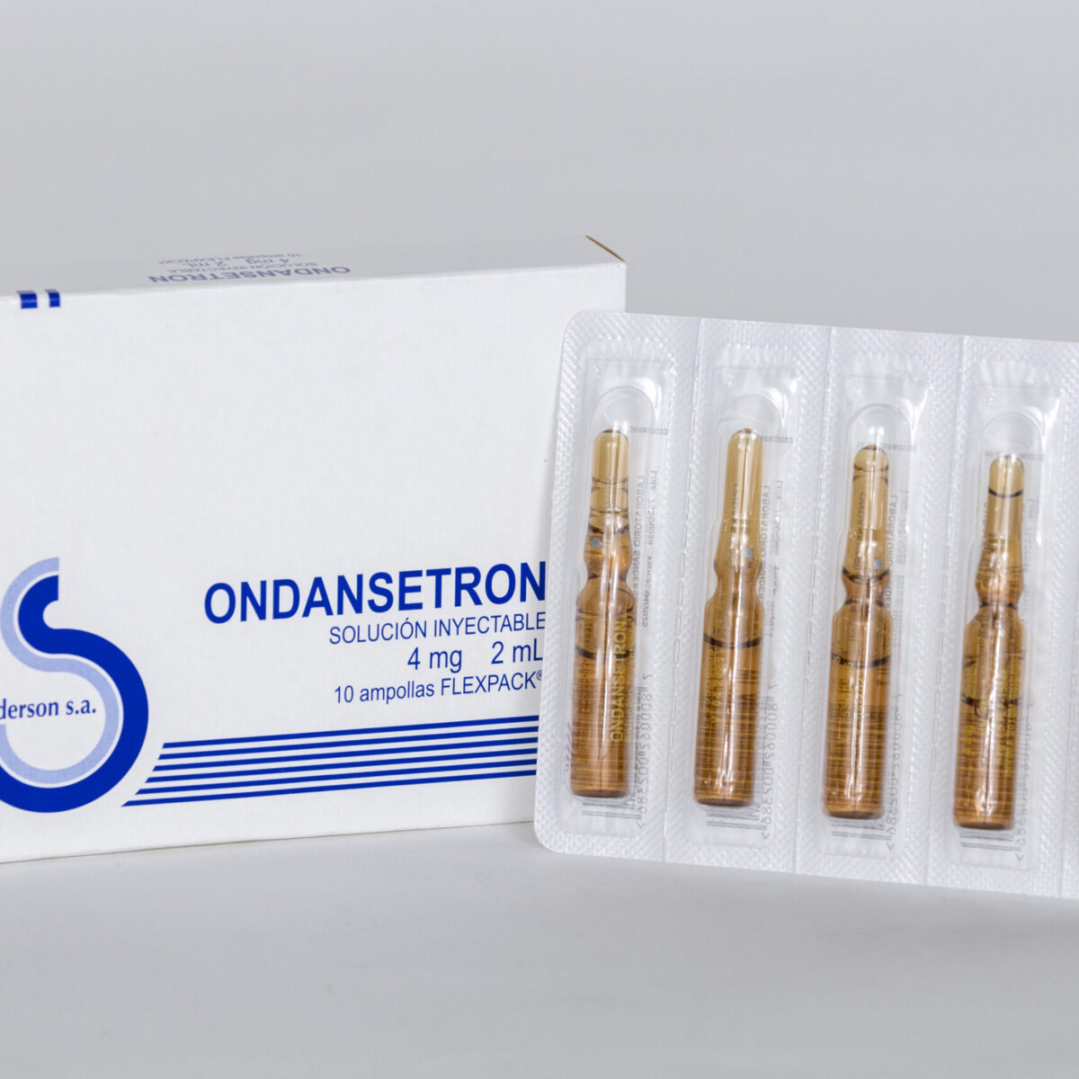 Ondansetron 4 mg/ 2 mL.  Sln iny, amp x 2 ml, caja x 10 amp